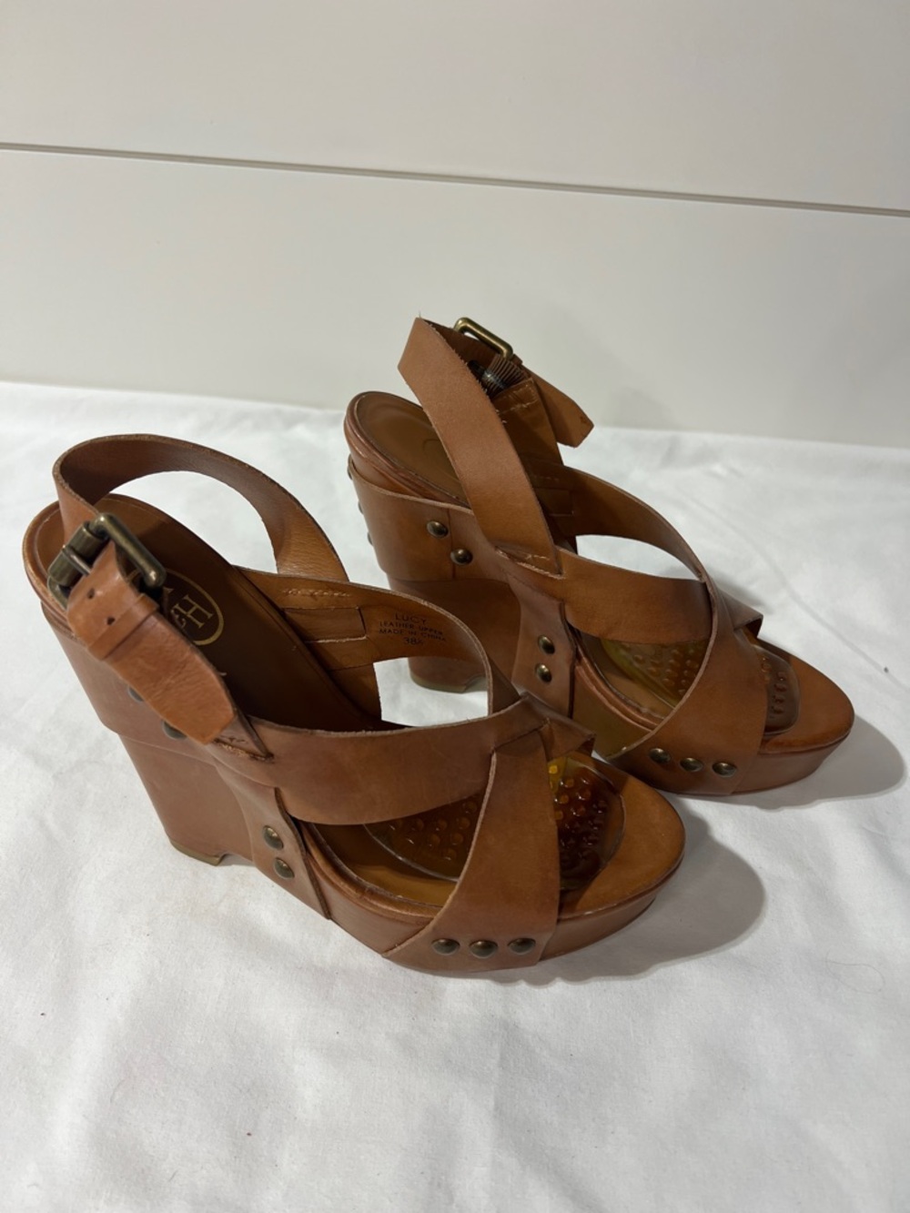 A.S.98 Cognac Brown Leather Wedge Sandals